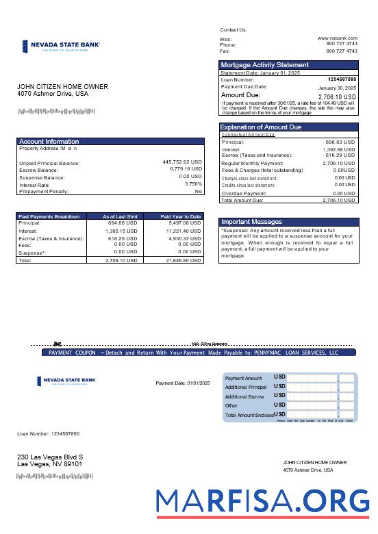 Downloadable USA Nevada State Bank mortgage statement in Word and PDF formats template